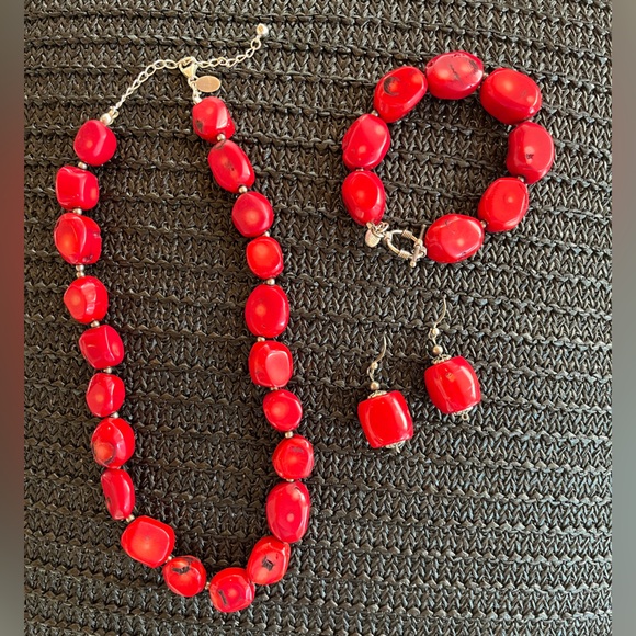 Red Stone and Silver Beaded 3-Piece Jewelry Set - Picture 2 of 11